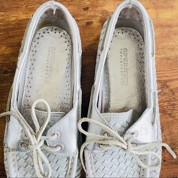 Sperry Top Sider Leather Loafers Woven Silver 9 - Picture 9 of 10